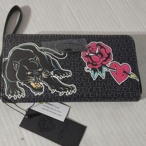 Ed Hardy Black Wallet with Panther and Rose Design Zip Around Wristlet